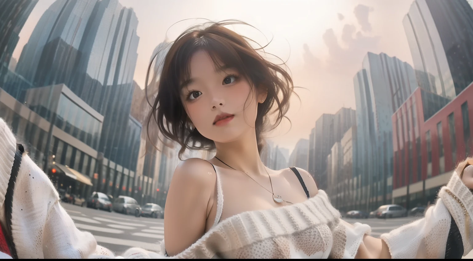 (), medium breasts cleavage, (masterpiece), best quality, extremely detailed, (watercolor), bloom, delicate and beautiful, illustration, (from below),(1girl:1.4), (solo:1.2), (ribbed sweater:1.3), off-shoulder sweater, (short shorts:1.2), bare shoulders, (underboob:1.2), ((dark skin:0.8)), beautiful eyes, (disheveled hair ), photography, over-the-shoulder shot, by Alex Maleev, professional, canon camera, nikon camera, sharp, bokeh, studio quality, fisheye lens, by Robert Capa, height 170cm, 28 inch waist