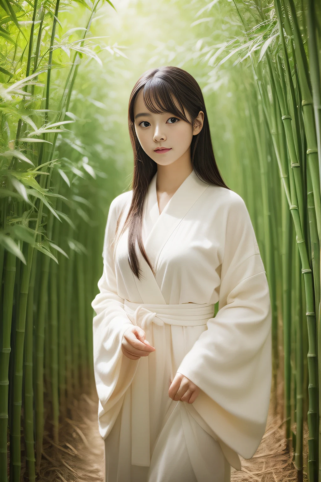 wearing kimonos、Realistic young Korean woman in bamboo bushes, Young skinny idol, Beautiful young Korean woman, beautiful Korean women, goddess of Japan, the face of a beautiful Japanese girl