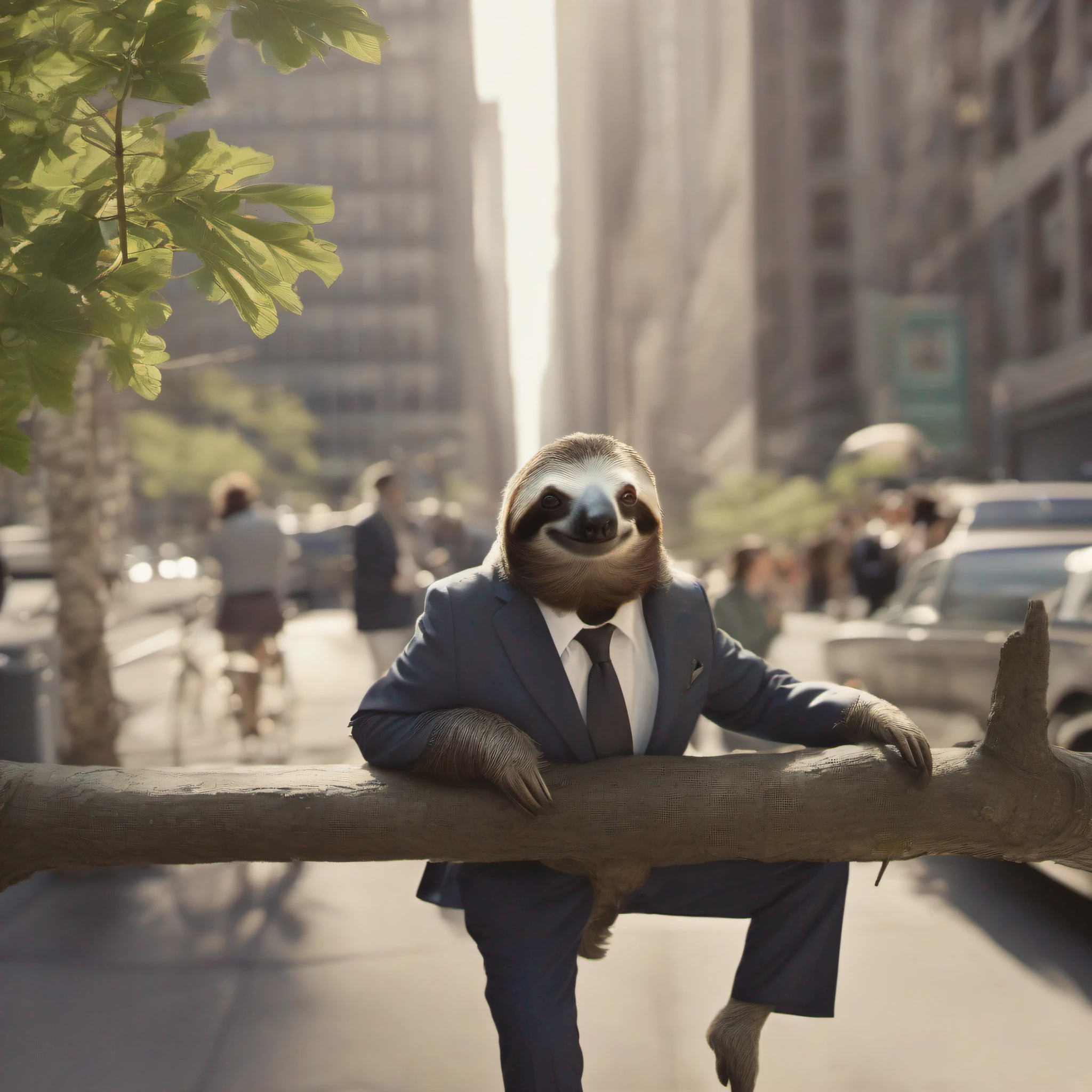 In front of a sleek glass skyscraper in Manhattan, a well-dressed three-toed sloth wearing a fine Italian wool suit and polished leather shoes hangs nonchalantly from a sturdy branch, sipping on a cup of steaming hot espresso. The early morning sun rays gently filter through the dense foliage overhead, casting warm golden light onto the scene as busy executives scramble below, unaware of the laid-back observer above.