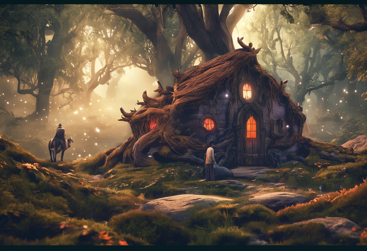 A mystical journey through an ancient forest, where a young character meets a wise old man and learns valuable life lessons. illuminator, Transformative & Magical, charming, ethereal. Life after death. mysterious, Spiritual and touching. create an atmosphere of mystery and spiritual depth. deep, Thought-provoking and philosophical, Valuable Life Lessons Learned