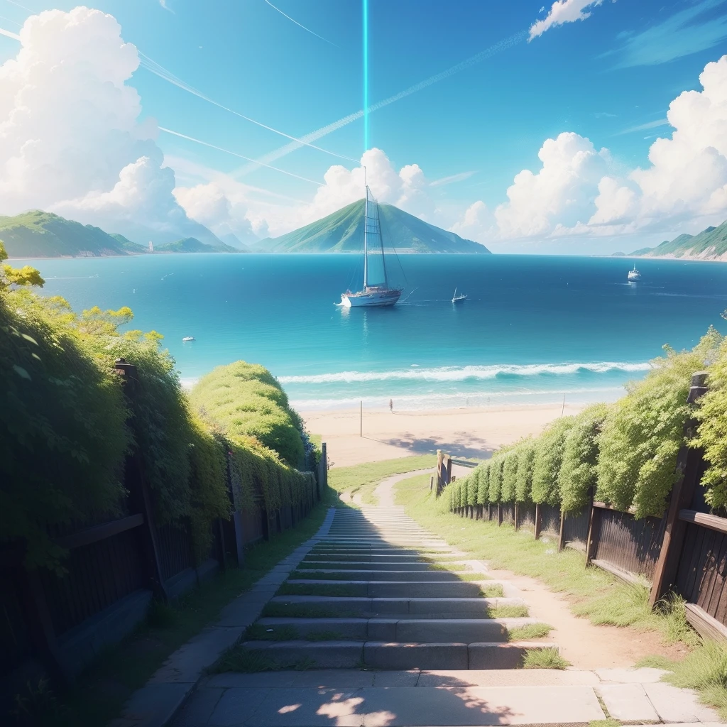 Blue skies,Bright colors,Fantastic,Anime cinematic feel,Sunnyday,The sky shimmers with light,Anime movie footage,中景 the scene is,visto ao longe,Shinkai sincerely,(In a Japanese anime style:1.2),16k,Best quality at best,hyper-high detail,超高分辨率。