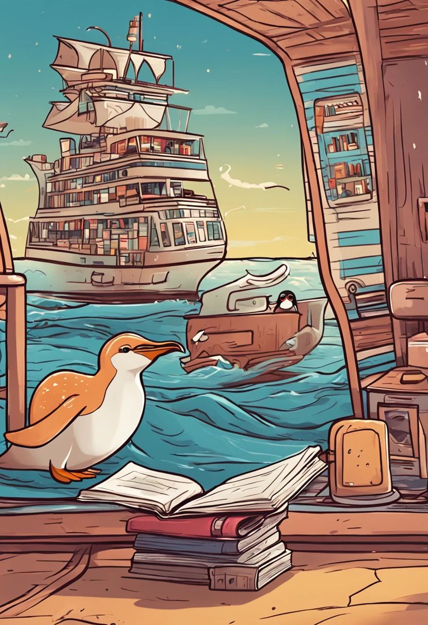 Cute penguins reading books on cruise ships,cartoony,brightly