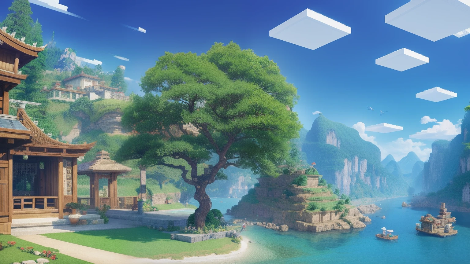 鸟山明风格,Flat pixel games《dragon quest》,Game scene design,(a paradise:1.4),16-bit pixels