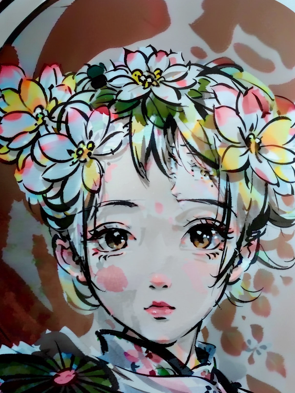 There is a photo of a girl with flowers in her hair, drawn in anime painter studio, colored sketch anime manga panel, lotus floral crown girl, detailed portrait of an anime girl, girl with a flower head, Anime style portrait, close up of a young anime girl, girl with a flower face, flowers on the cheeks of the heir, made with anime painter studio, saori