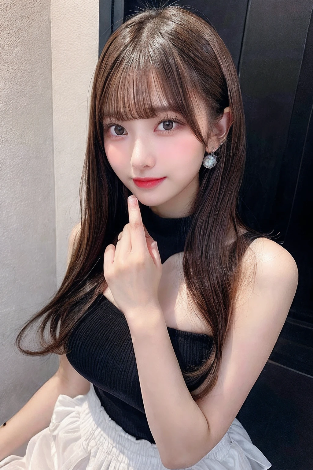 blunt bangs, medium bob, Many piercings,bangss,top-quality,ultra-detailliert,masterpiece,realisitic,Photo Real,Bright lighting,1 girl in, (kawaii:1.2),Thin smile, (Brown eyes),(brown haired),(bangss),perfect glossy skin,flawless skin,large full breasts,((accurate hands without incongruity)), large full breasts,big breasts thin waist, Look at viewers,full body Esbian,Idol Costumes,Eye lashes,dual,17 years old girl,a baby face,Straight hair,A dark-haired,