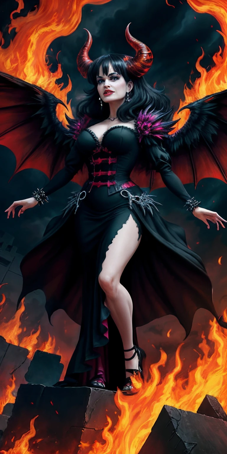 general full body shot: 1.5, (((night, darkness, beautiful winged woman dressed in black gothic style:1.7))) hood, opens her mouth showing her teeth with fangs:1., red and black back ground, optical, Panoramic lighting, atmospheric perspective, night, darkness, survey: 5D, Clear facial features, Vampire wings spread, impressive details, 8K Ultra-resolution, Stunning illustration, the best of all, Award-winning, how to be the best, ((red, black , purple colors: 1.5)), cemetery setting, magical, idyllic, epic: 1.5, photorealistic: 1.4, Skin texture: 1.4, super detailed and perfect, Masterpiece, super detailed, hyper detailed, well-defined lights and shadows , 32K