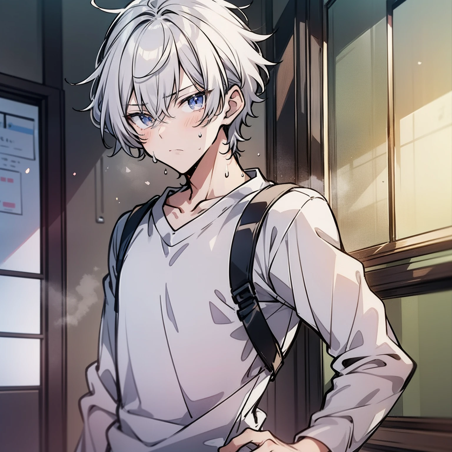Around 18 years old, young anime man,short white hair 1.5,Wear a plain white shirt,Stand in the doorway of the classroom with your back to the camera(Frown 1.5)(Sweat 1.5)(The background is in a classroom at school:1.5),Anime style 4K,Anime rendering,style of anime,8K fineness,(Upper body display:1.5)(Cinematic lighting:1.5)(Handsome anime boy 1.5)
