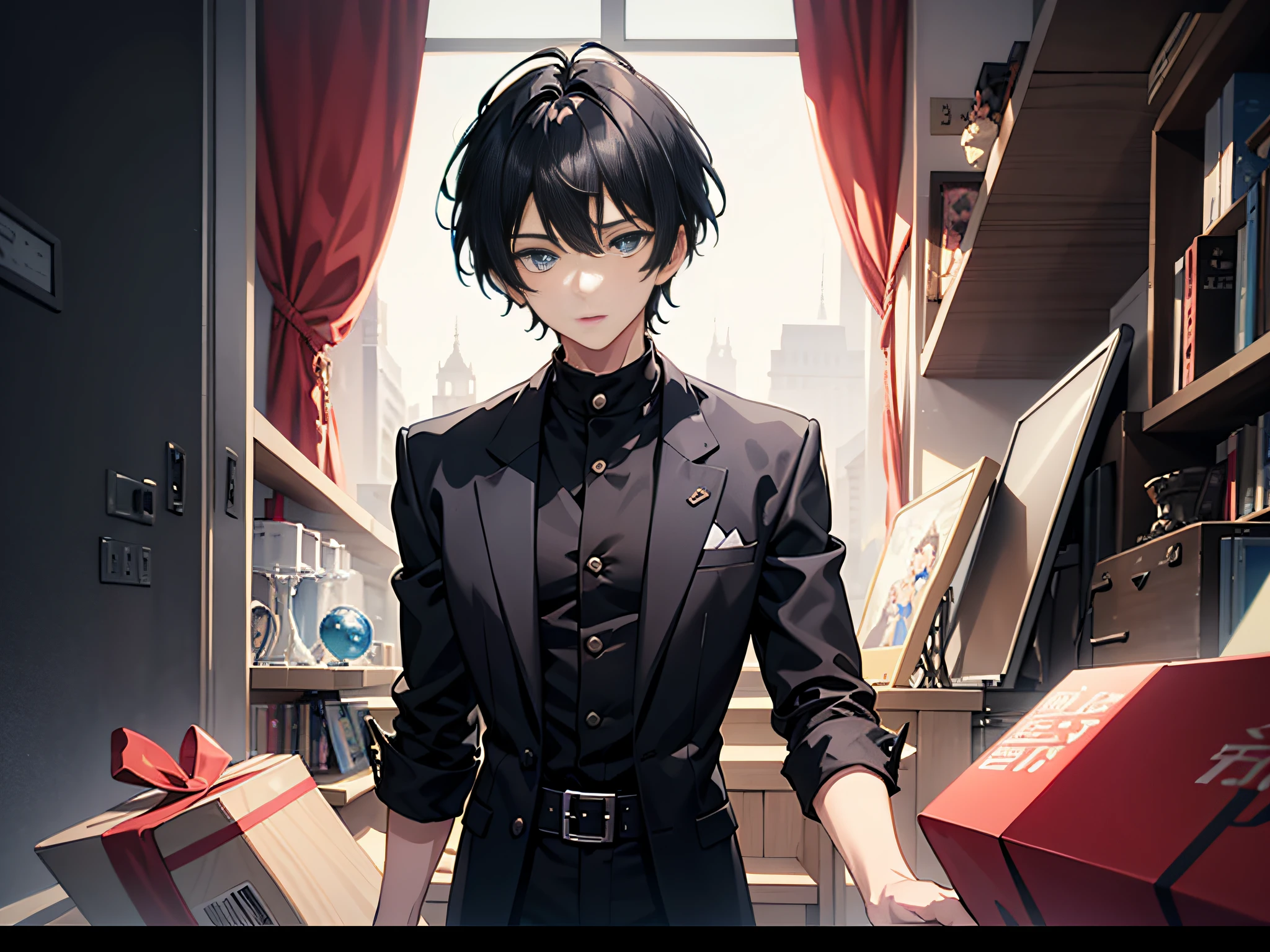 One boy is 20 years old，Black color hair，blue color eyes，Handsome，Open a box，Illustration anime style，Dark 4K, hyper HD, Masterpiece