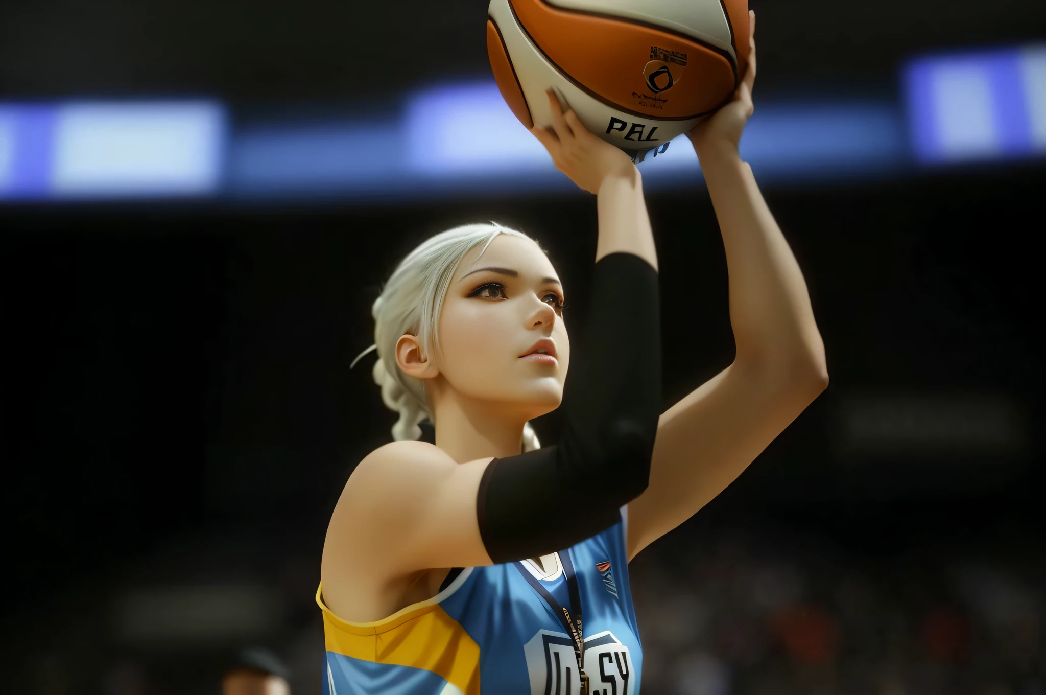 There is a girl posing for a shoot,Basketball in both hands,basketball player,Wear a basketball shirt,slender figures,with white hair in a braided ponytail,On the gymnasium basketball court,photo from the olympic games,Best anime 4k konachan wallpaper, Detal Face, full bodyesbian, Guweiz on ArtStation Pixiv, Realistic anime 3 D style, Badass anime 8 K, Guweiz in Pixiv ArtStation, trending on artstation pixiv, Guviz-style artwork, style of anime4 K