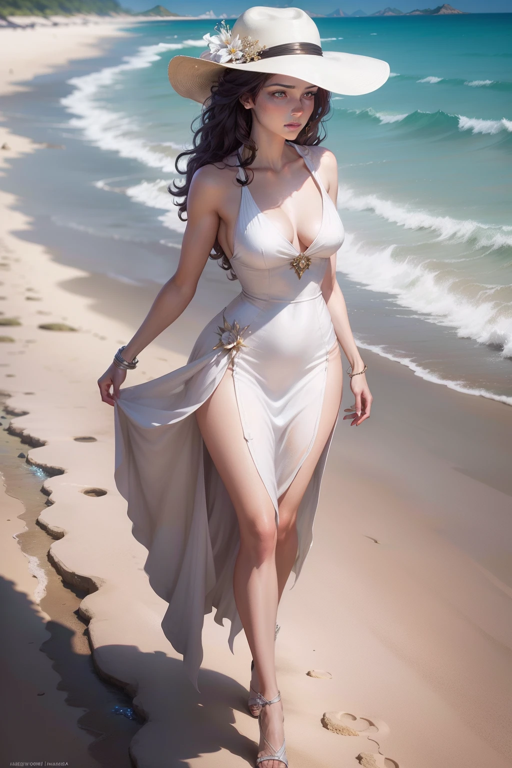 Woman in white dress and hat walking on the beach, karol bak uhd, painting of beautiful, Style by Karol Buck, Tim Hildebrandt's style, girl on the beach, beautiful digital artwork, Jim Warren, woman on the beach, beautiful gorgeous digital art, Greg Hildebrandt, James Reimann, digital art image