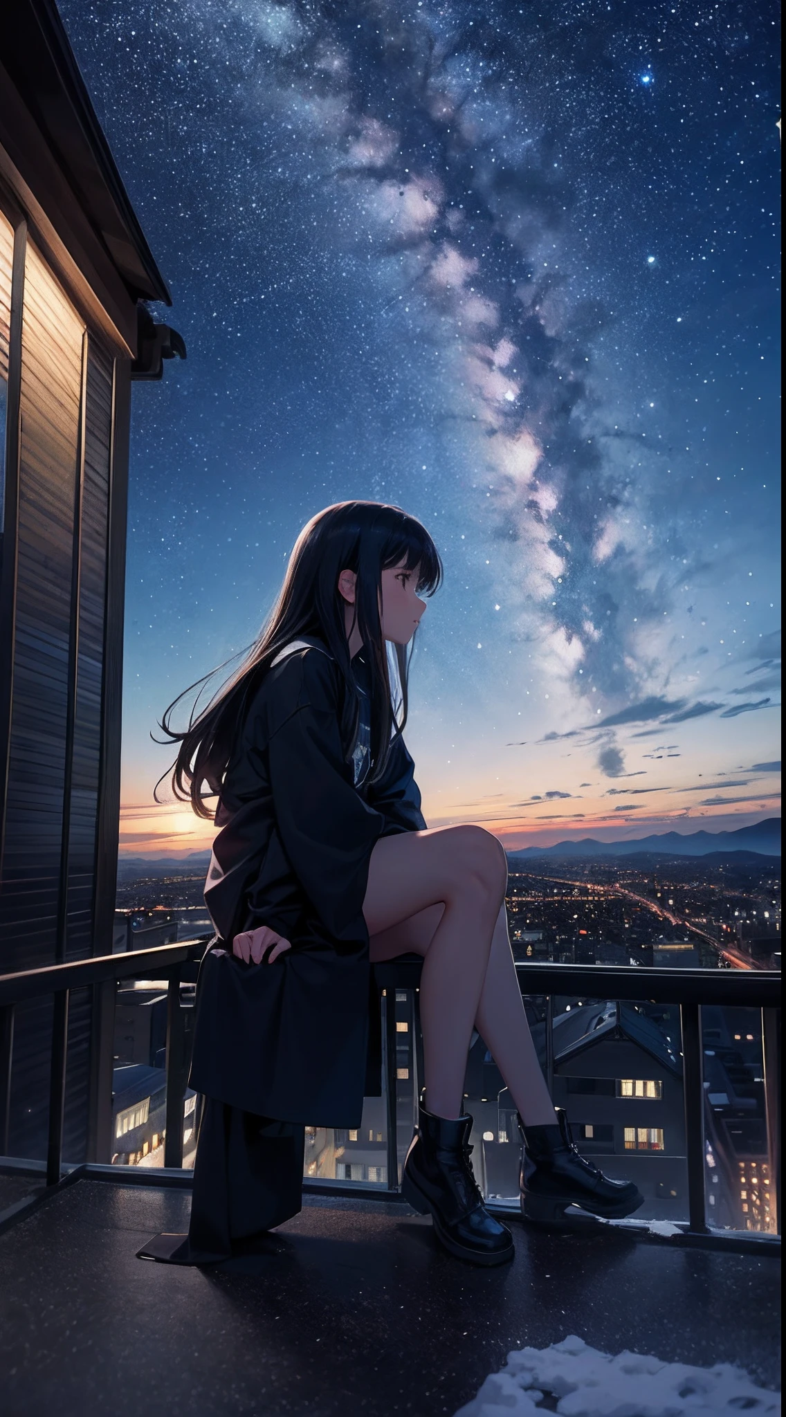 octans, sky, star (sky), scenery, starry sky, night, 1girl, night sky, solo, outdoors, building, cloud, milky way, sitting, tree, long hair, city, silhouette, cityscape