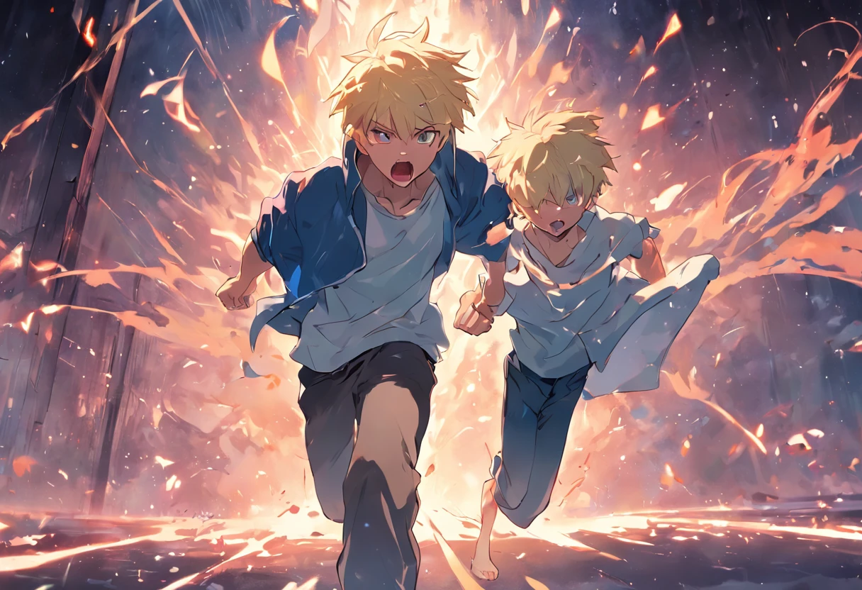 generate an image of a teenager boy with blonde hair and blue eyes got angry and started running to punch someone, 4k, full body, illustration.