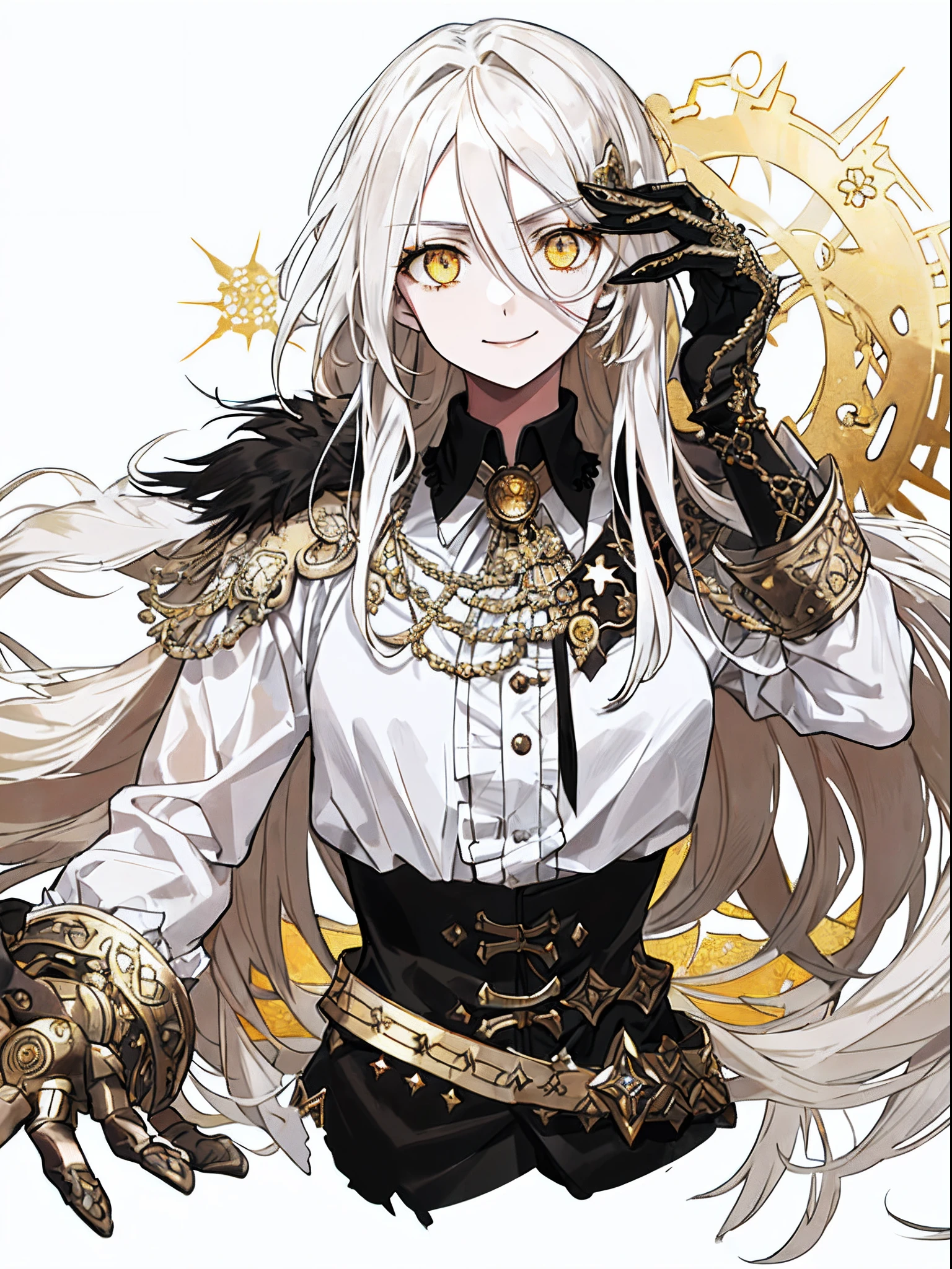 ((((dramatic))), (((gritty))), (((intense))) Antique white long-haired girl，Golden eyes，Smile confidently，Black gold-encrusted period costume