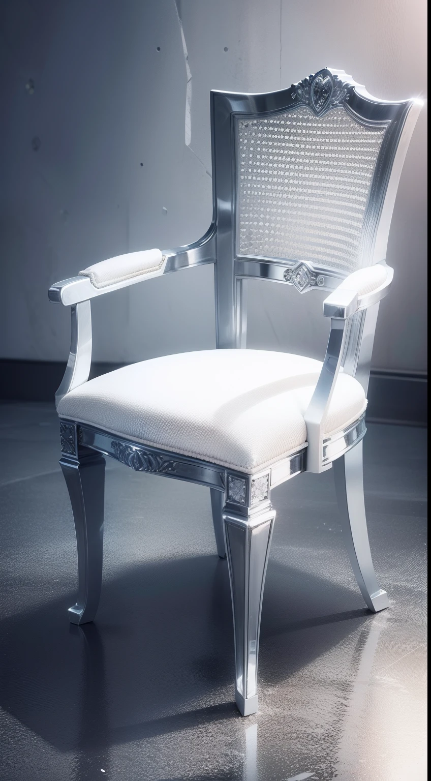 A chair made of diamonds, full view of the chair, no people, ice background