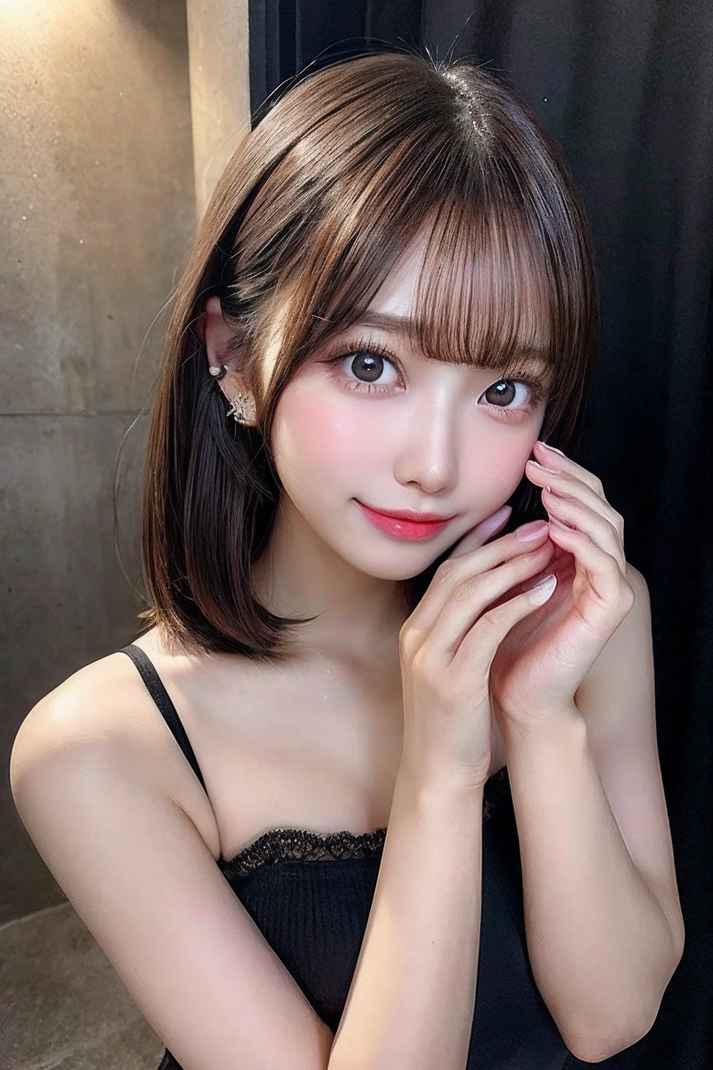 full bodyesbian,bob cuts,Many piercings,bangss,top-quality,ultra-detailliert,​masterpiece,realisitic,Photo Real,Bright lighting,1 girl in, (kawaii:1.2),Thin smile, (Brown eyes),(brown haired),(bangss),perfect glossy skin,flawless skin,large full breasts,((accurate hands without incongruity)), large full breasts,big breasts thin waist, Look at viewers,full body Esbian,Idol Costumes,Eye lashes,dual,17 years old girl,a baby face,Straight hair,A dark-haired,