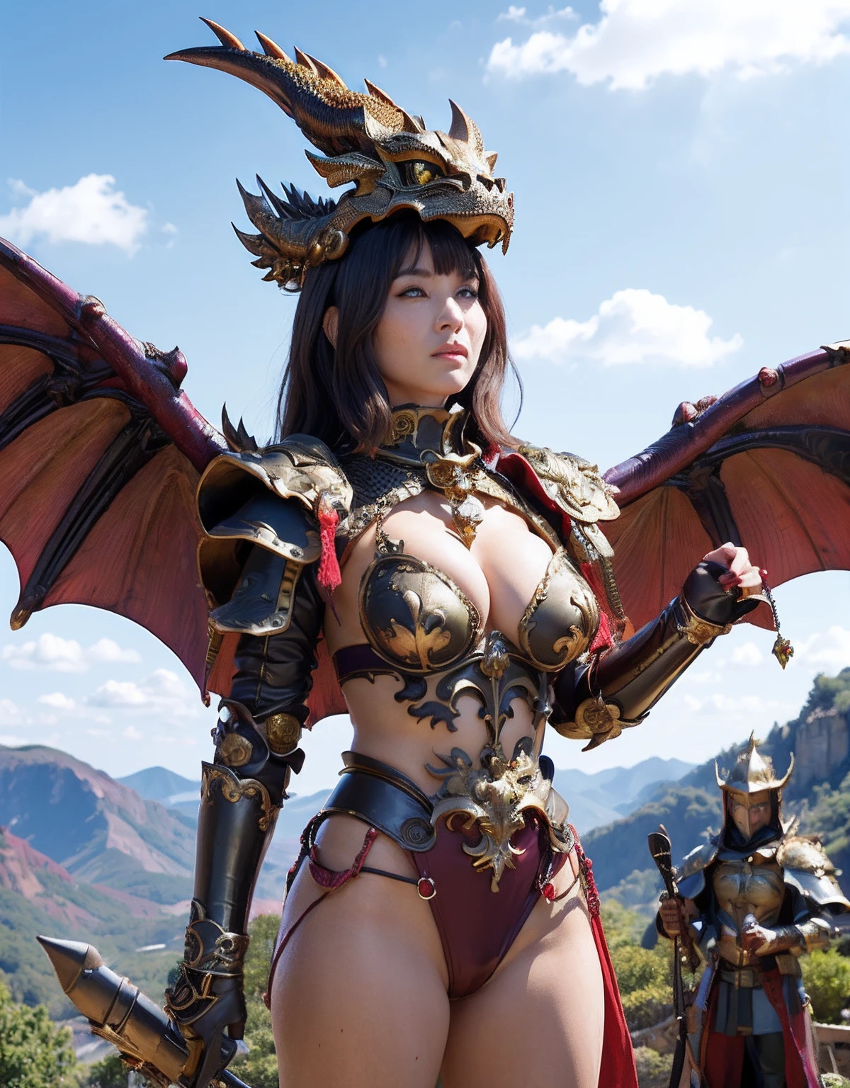 Professional , masterpiece、top-quality、photos realistic , depth of fields 、(Dragon Red Metal Body:1.9),(Enamel purple、(cleavage of the breast)、Mystical expression、Dragon Gold Weapon、(Red Micro Bikini Armor:1.4),Gorgeous gold weapons ,Particles of light、(( Dragon's dense and gorgeous sword)) , (demonic wings)、((a blond))、(Castle background)、((Gangle's forest background))、((Fight dragons))、Beautiful Caucasian beauty、1a person、dynamic ungle,(((Detailed and ornate dragon helmet)))、Smaller head、A smile、Castle background、Thin and beautiful female hands、cleavage of the breast、Soldier in iron armor on background、Mystical expression、Light Effects、intense fighting、Wind-effect、magic circles、With the legendary magic wand、Dragon's tail、explosions、Anatomically correct body、
