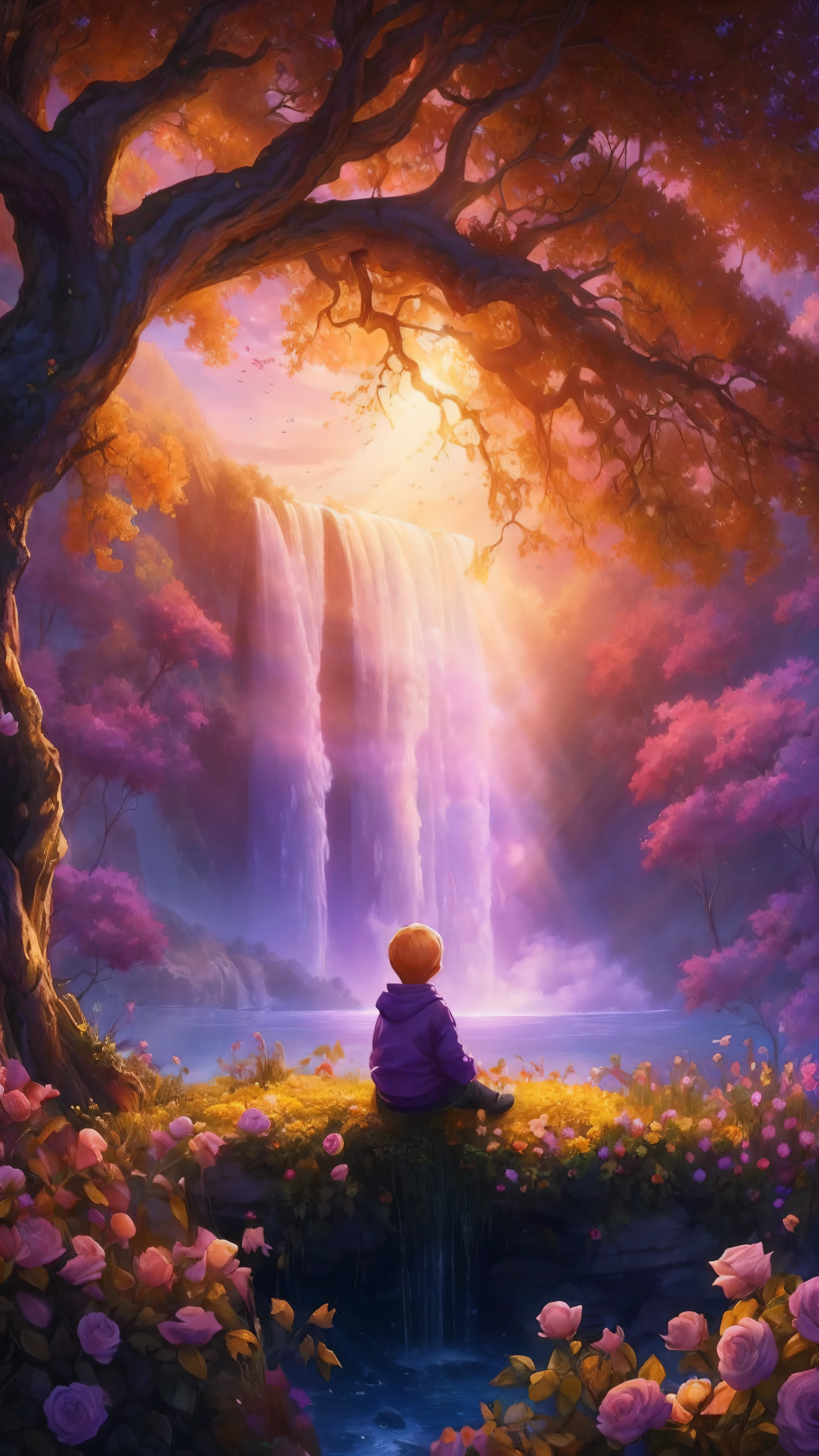 expansive landscape photograph, (a view from below that shows sky above and open field below), a little 9 years old blond boy with long sweatshirt and yellow scarf sitting on a trunk on yellow roses flower garden looking up, ( comet:0.9), (nebula:1.3), distant lake, tree of life, BREAK production art, (warm light source:1.3), lamp, lot of purple and orange, intricate details, volumetric lighting, realism BREAK (masterpiece:1.2), (best quality), 4k, ultra-detailed, (dynamic composition:1.4), highly detailed, colorful details, ( iridescent colors:1.2), (glowing lighting, atmospheric lighting), dreamy, magical, (solo:1.2), magical beautiful waterfall, windy