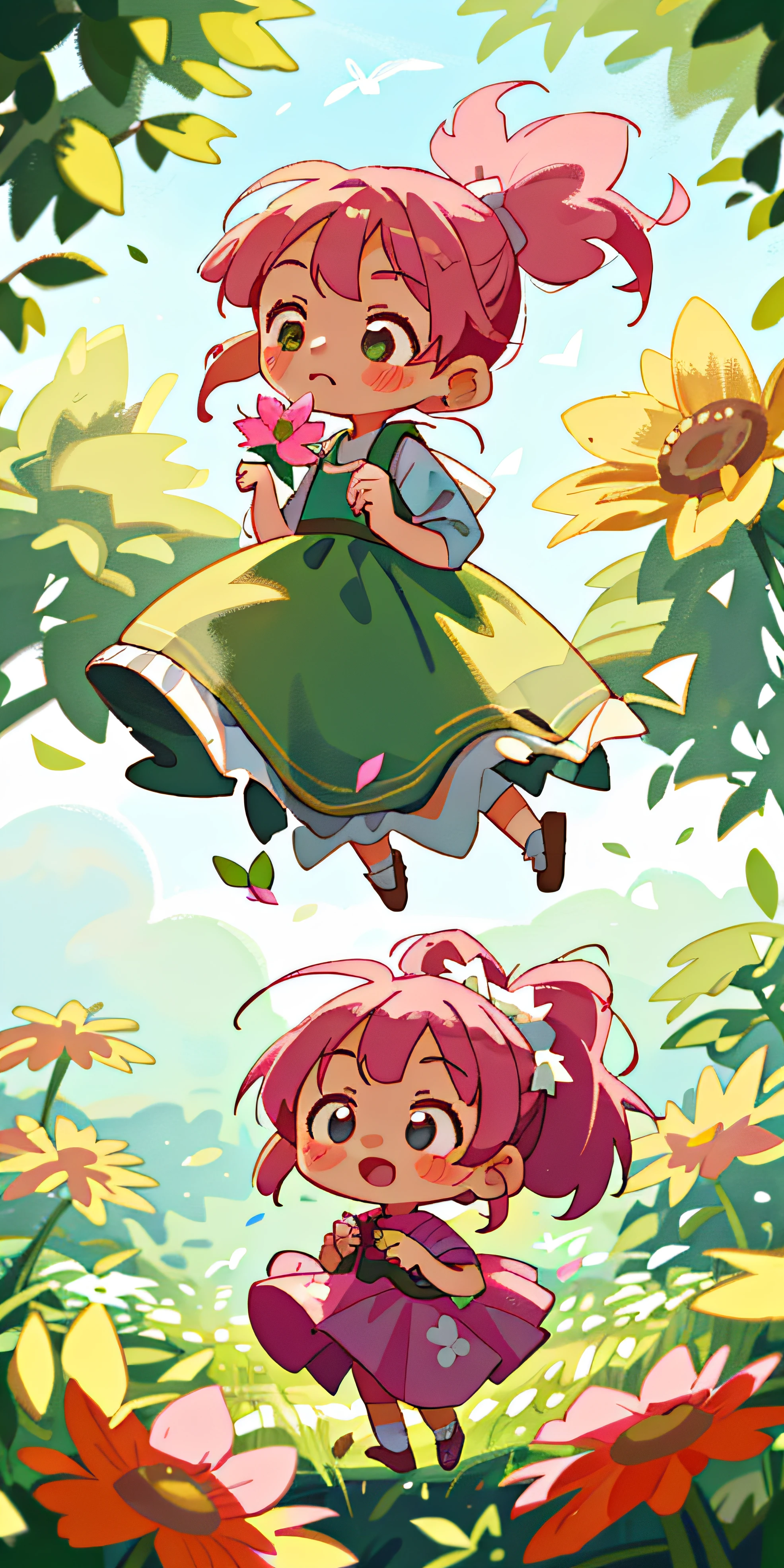 Pink double ponytail hair，Children，Age 3 years，highly details, Hyper-detailing,8K， Super high resolution A cute and innocent girl，Hold flowers in both hands，Children，Enjoy her time in the open fields，Surrounded by the beauty of nature,warm sun sprinkling on her，wildflowers gently swaying in the breeze。Butterflies and birds flutter around her，adding to the playful atmosphere,