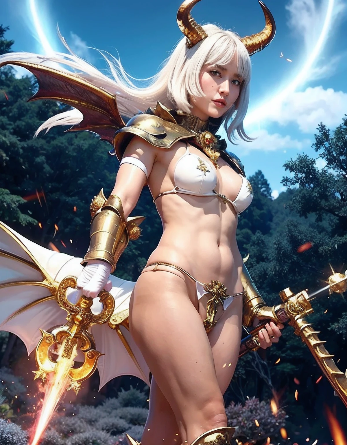 Professional , masterpiece、top-quality、photos realistic , depth of fields 、(White bikini armor)、(Mystical expression)、Jewel Gold Weapon、Particles of light),Gorgeous gold weapons ,(( Gorgeous Dragon Sword)) , (Hold the Devil's Hand),,(maikurobikini) 、((White hair))、(Castle background)、(demonic wings)、((Gangle's forest background))、Beautiful Caucasian beauty、1a person、dynamic ungle,(((Two devil's horns on the head)))、Smaller head、Idle Smile、Thin and beautiful female hands、Mystical expression、Light Effects、intense fighting、Wind-effect、magic circles、With the legendary magic wand、Dragon's tail、