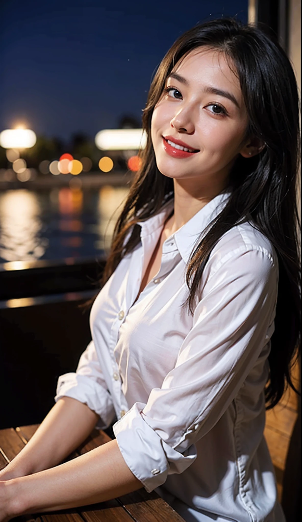 (8k, RAW photo, best quality, masterpiece:1.2), (realistic, photo-realistic:1.37), ultra-detailed,
1 girl,cute, solo,beautiful detailed sky,detailed cafe,night,sitting,dating,(smile:1.1),big droopy tits, seductive smile, large aperture, professional lighting, Sony A7R4, Zessie 50mm F1.8,beautiful detailed eyes,(office white open silk collared shirt:1.1)