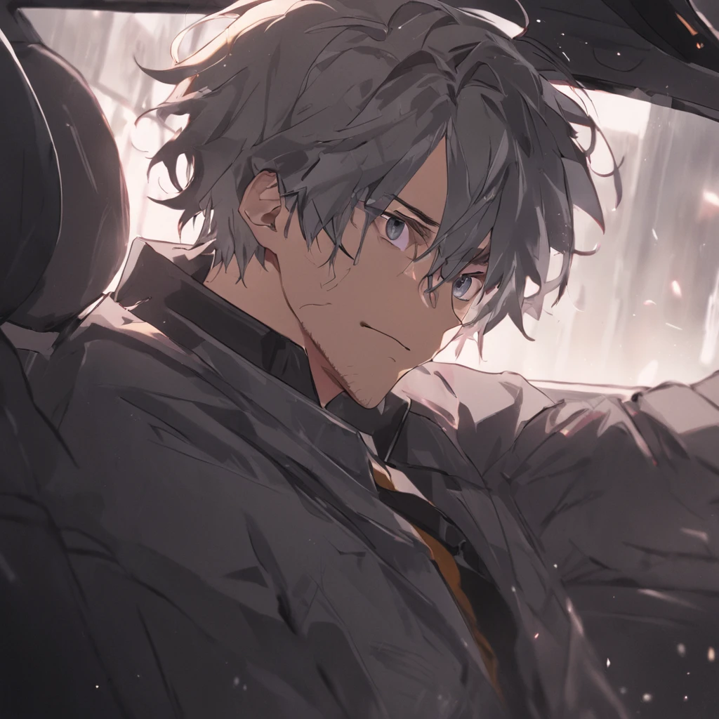 4K, hairy chest, ,middle aged man,Big back,Sit in the car,Driver's seat,Vehicle interior,Black and white hair,stubbles,wind coat,Business suit,hoary,Wrinkles,Exaggerated expressions,two tone color hair,eye glass, Detailed face, Perfect face, Detailed background, On the street,Real street background,The contour is sharp
