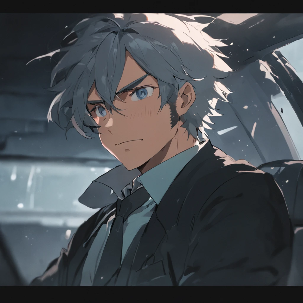 4K,  hairy chest, ,middle aged man，Big back，Sit in the car，Driver's seat，Vehicle interior，Black and white hair，stubbles，wind coat，Business suit，hoary，Wrinkles，Exaggerated expressions，two tone color hair，eye glass， Detailed face, Perfect face,  Detailed background,  On the street，Real street background，The contour is sharp