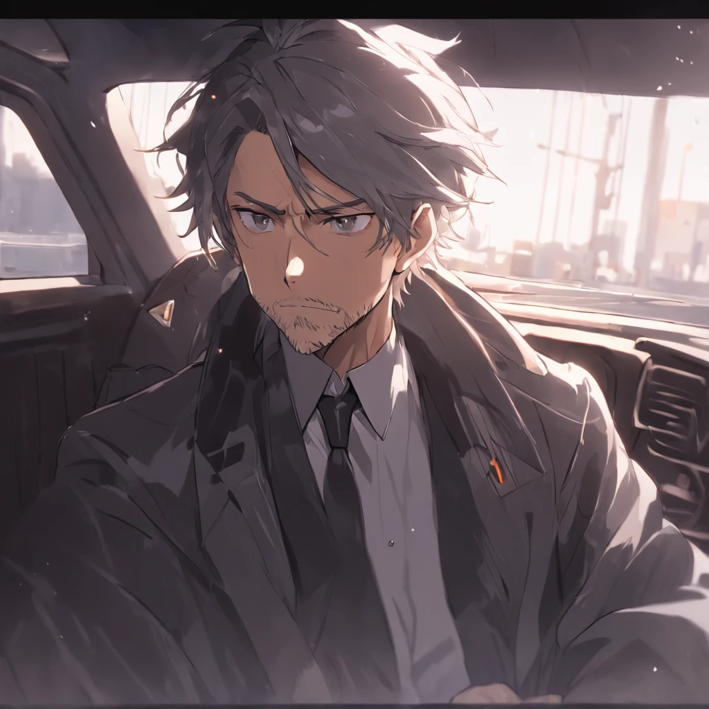 4K,  hairy chest, ,middle aged man，Big back，Sit in the car，Driver's seat，Vehicle interior，Black and white hair，stubbles，wind coat，Business suit，hoary，Wrinkles，Exaggerated expressions，two tone color hair，eye glass， Detailed face, Perfect face,  Detailed background,  On the street，Real street background，The contour is sharp