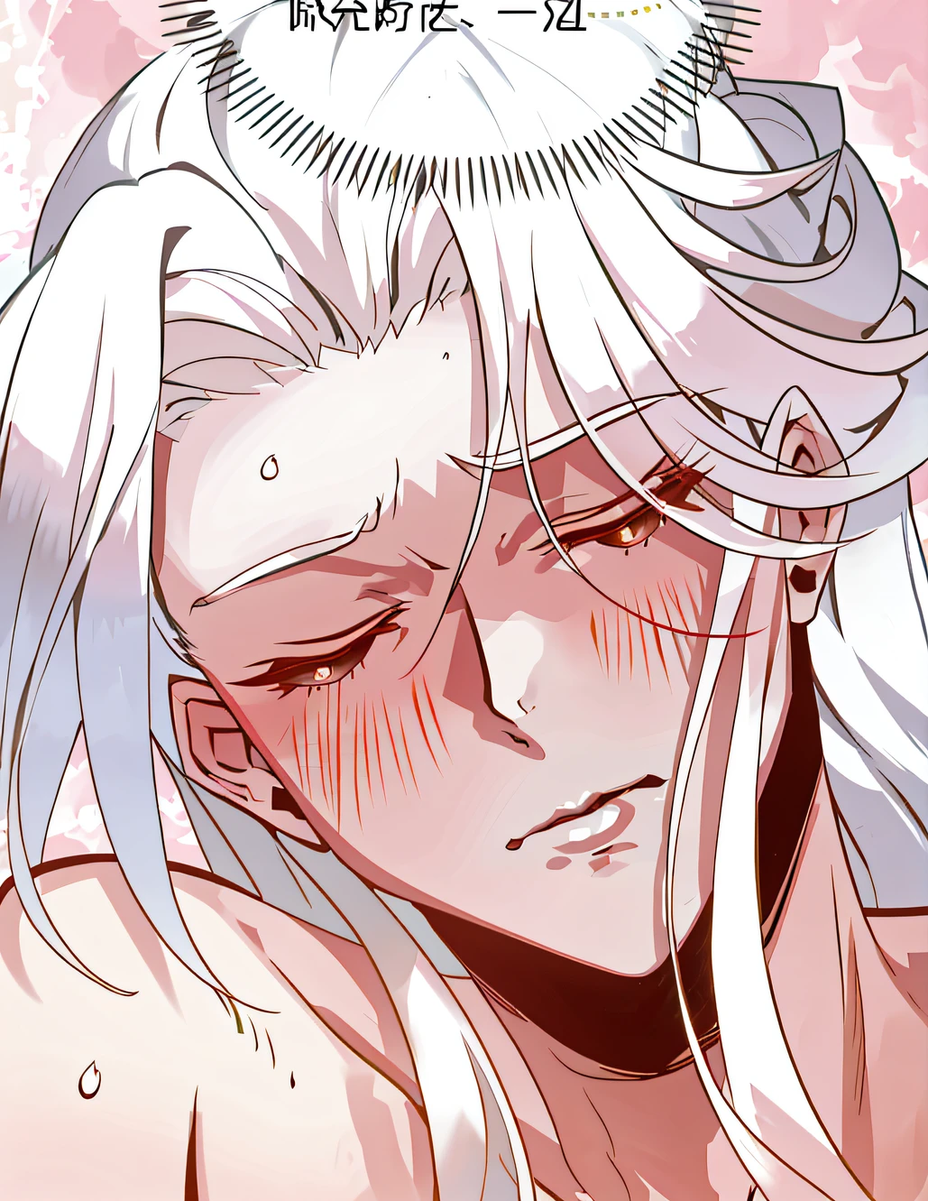 Anime - a style image of a woman with white hair and a pink background, White-haired god, an exhausted deity, white haired Cangcang, ahegao face, (winking), ahegao, shikamimi, Delicate androgynous prince, White-haired, Very sad, white haired lady, squinting, white hair floating in air, Beautiful!!!, roguish smirk