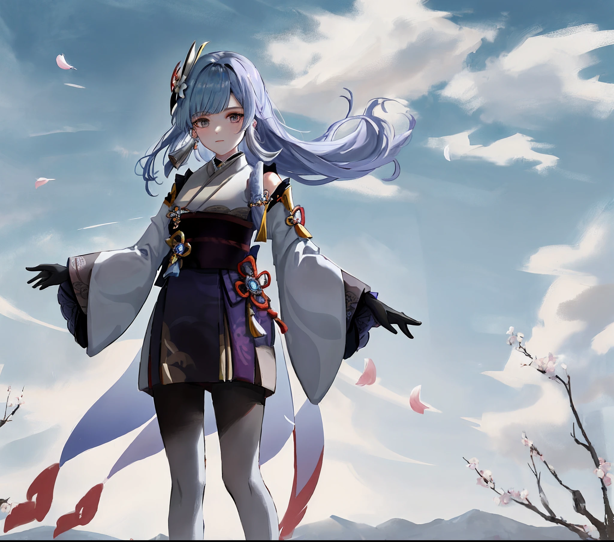 (tmasterpiece), (best qualtiy), (ultra - detailed), Genshin Ray, front look, looki at viewer, The upper part of the body, blossoms, Flowingcolors, mostly cloudy sky,