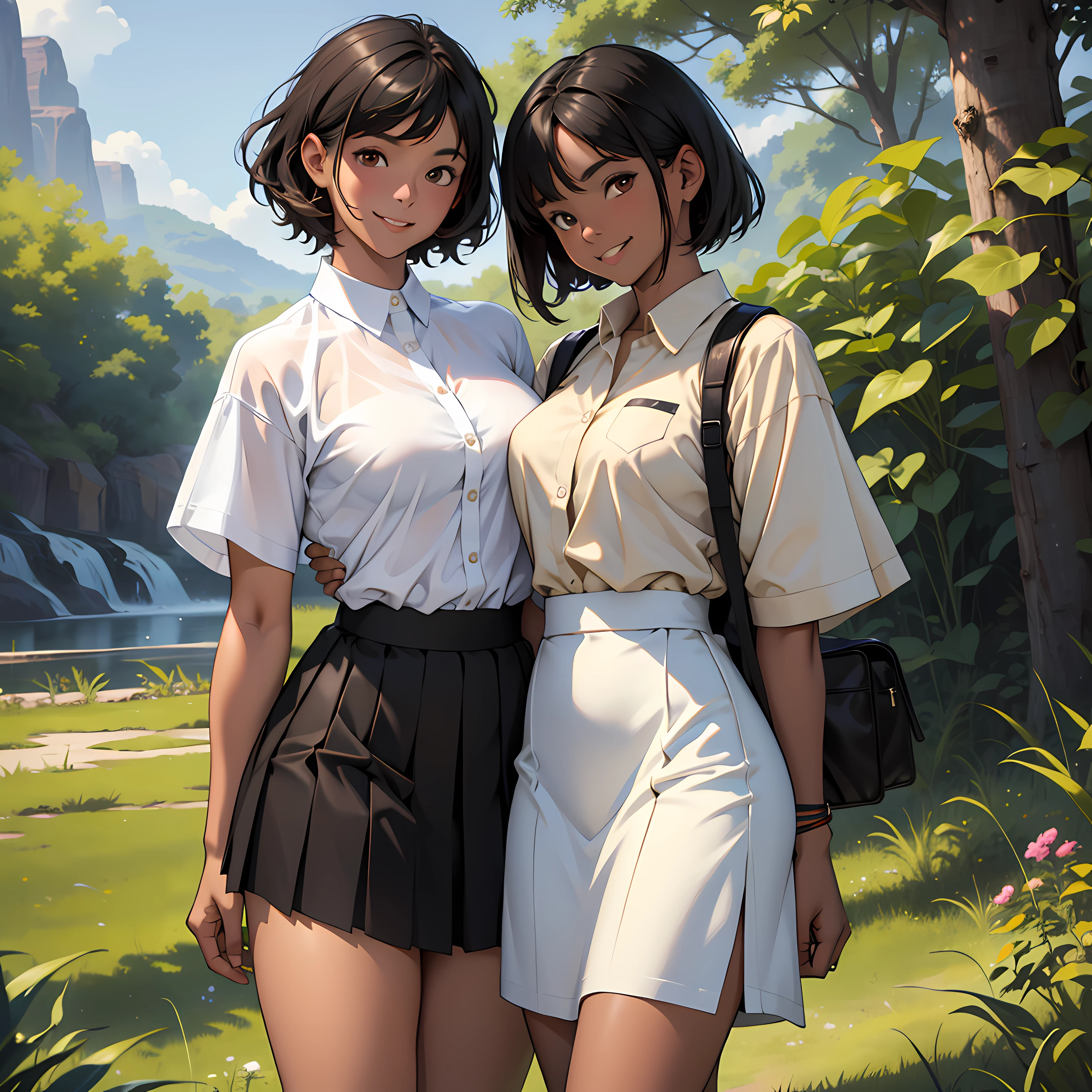 2 girls, short black hair, brown eyes,brown skin, wearing plain white shirt, wearing blue skirt, nature background, absurdres, high res, ultrasharp, 8K, masterpiece, looking at viewer, smiling,