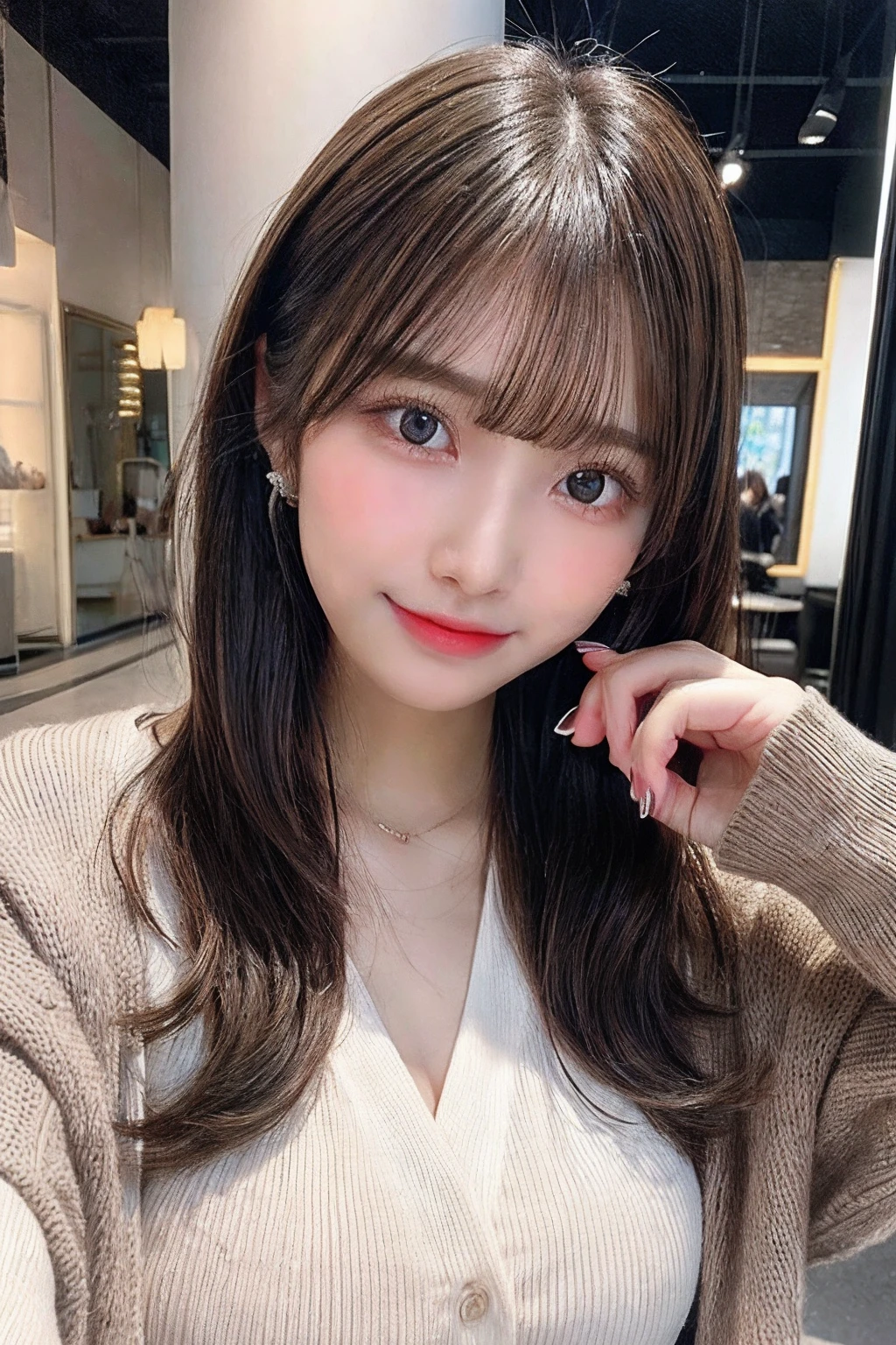 Tabletop, Highest quality, shape, Very detailed, finely, High resolution, 8k wallpaper, Perfect dynamic shape, Beautiful and detailed,Long Hair,Natural color lip, Bold sexy pose,smile、20-year-old girl、cute、sexy shot looking at camera,Beautifully detailed face,Beautiful double eyelids,Small face,Perfect and beautiful face,very cute face,Blur the background,Slim face and body、close up、cheek、patent leather bikin、Pink Leather Bikini、Show off your cleavage、Accentuate your breasts、belt、hotel、 (breast squeeze:1.3)、Earrings、Take off your coat