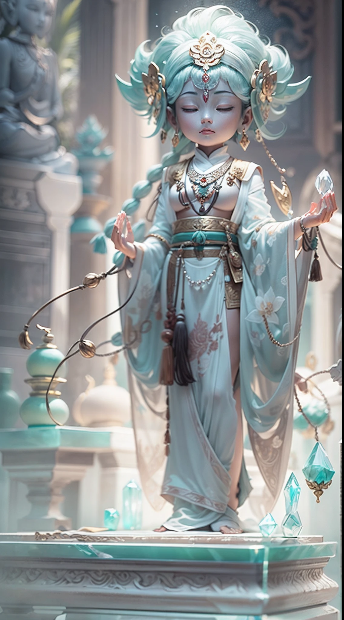 best qualtiy,Masterpiece,Photorealsitic,the detail,super detailing,rendering by octane,lightand shade contrast,A jade carving boy,Solo,closeup cleavage,The whole body occupies half of the picture,((((Meditating)))),Hand pinching the law,(A body made of white jade:2),(((Crystal clear body))),((((Transparent material representation)))),Extremely perfect material properties,Material reflection,Perfect facial features,Elaborately carved face,Behind it is a huge phantom