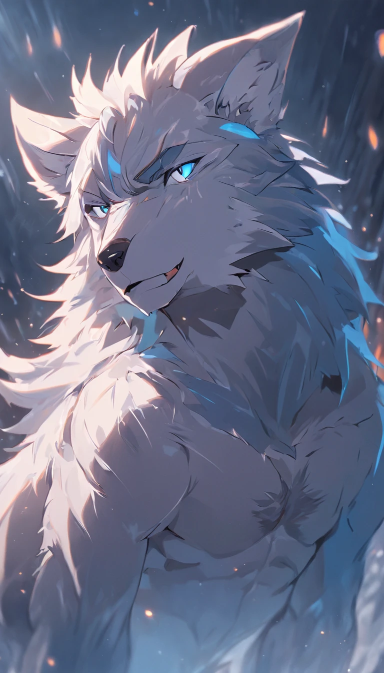 4K, high resolution, Best quality, Masterpiece, perfect colors, perfectly shaded, Perfect lighting, posted on e621, (by Chunie), Furry, anthro, Furry art, ((Portrait)), Male wolf, gray wolf, (two-toned fur), hairy bodies, Blue eyes, (Seductive look:1.2), fit body, perfect male figure, Wear men's shorts,Abs,musculature,Detailed fur, Detailed face, Perfect face, (The stands up), Detailed background, ((Bonifasko lighting)), Wolf tail, (Detailed eyes), perfect pupils