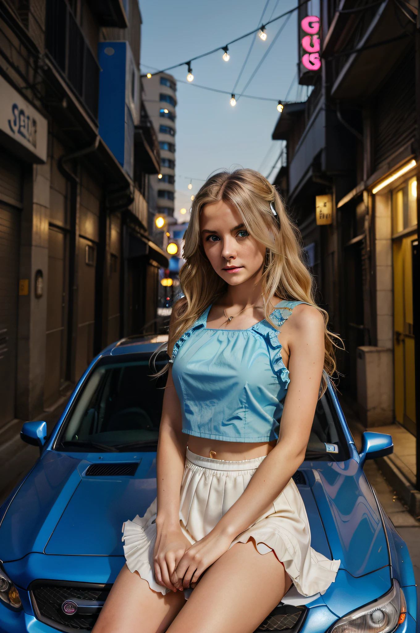 1 21-year-old girl, gold wavy medium long hair, blue eyes, wearing mid-drift sky-blue spaghetti top, white short ruffles skirt, cyberpunk city alley evening, sitting on hood of 2007 pink Subaru WRX, high res, ultrasharp, 8K, masterpiece, looking at viewer