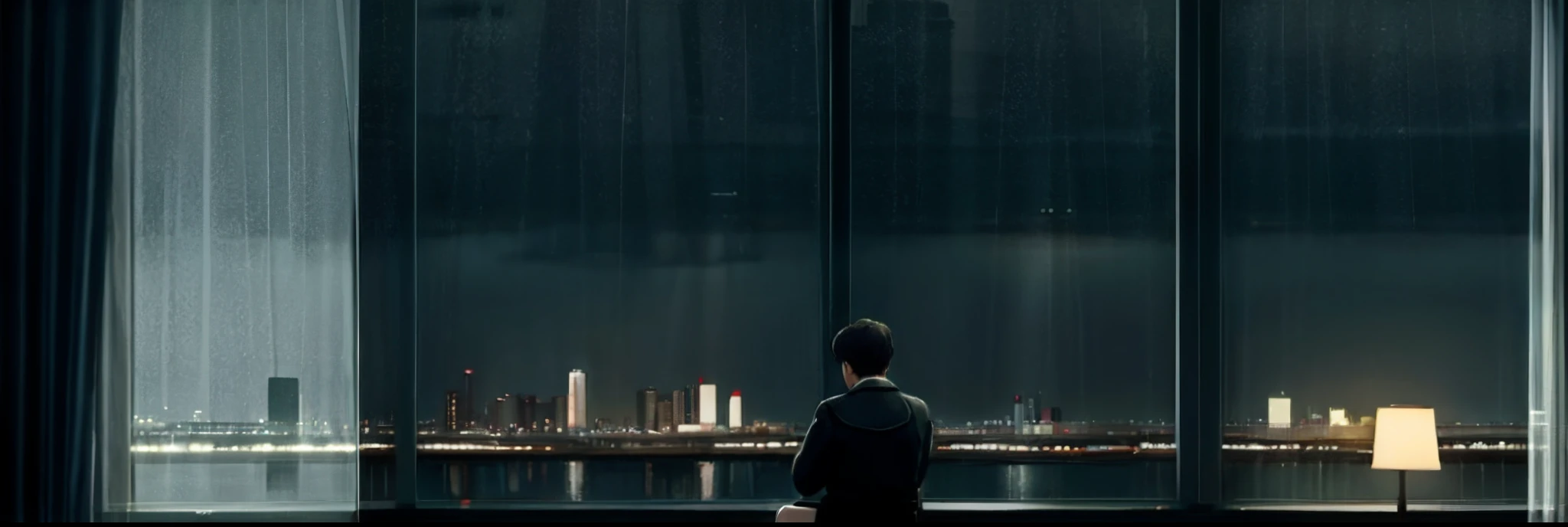 Create melancholic scenes inspired by Edward Hopper's work. Depict an isolated person sitting by a dimly lit window, Admire the rainy cityscape. Sobering color palette and muted lighting、It is necessary to evoke introspection and a feeling of loneliness. Rooms with computers. Moonlight visible