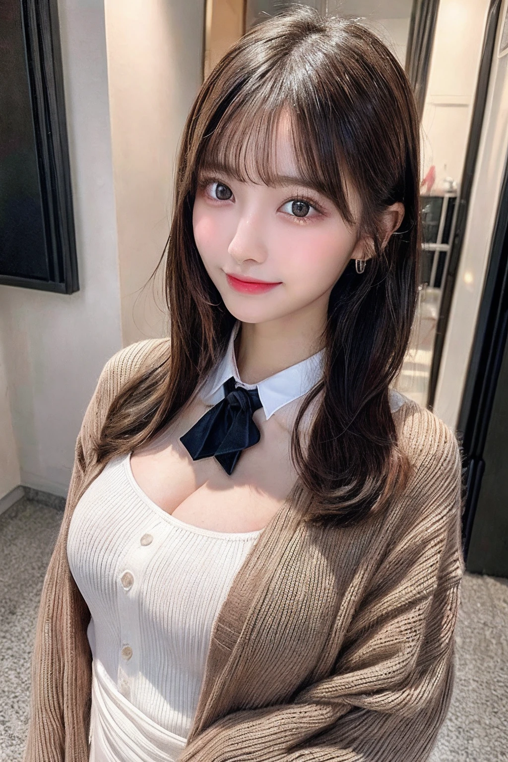 full body Esbian,bob cuts,Many piercings,bangss,top-quality,ultra-detailliert,​masterpiece,realisitic,Photo Real,Bright lighting,1 girl in, (kawaii:1.2),Thin smile, (Brown eyes),(brown haired),(bangss),perfect glossy skin,flawless skin,large full breasts,((accurate hands without incongruity)), large full breasts,big breasts thin waist, Look at viewers,full body Esbian,校服,neck tie,Cardigan,Eye lashes,dual,17 years old girl,a baby face,Straight hair,A dark-haired,