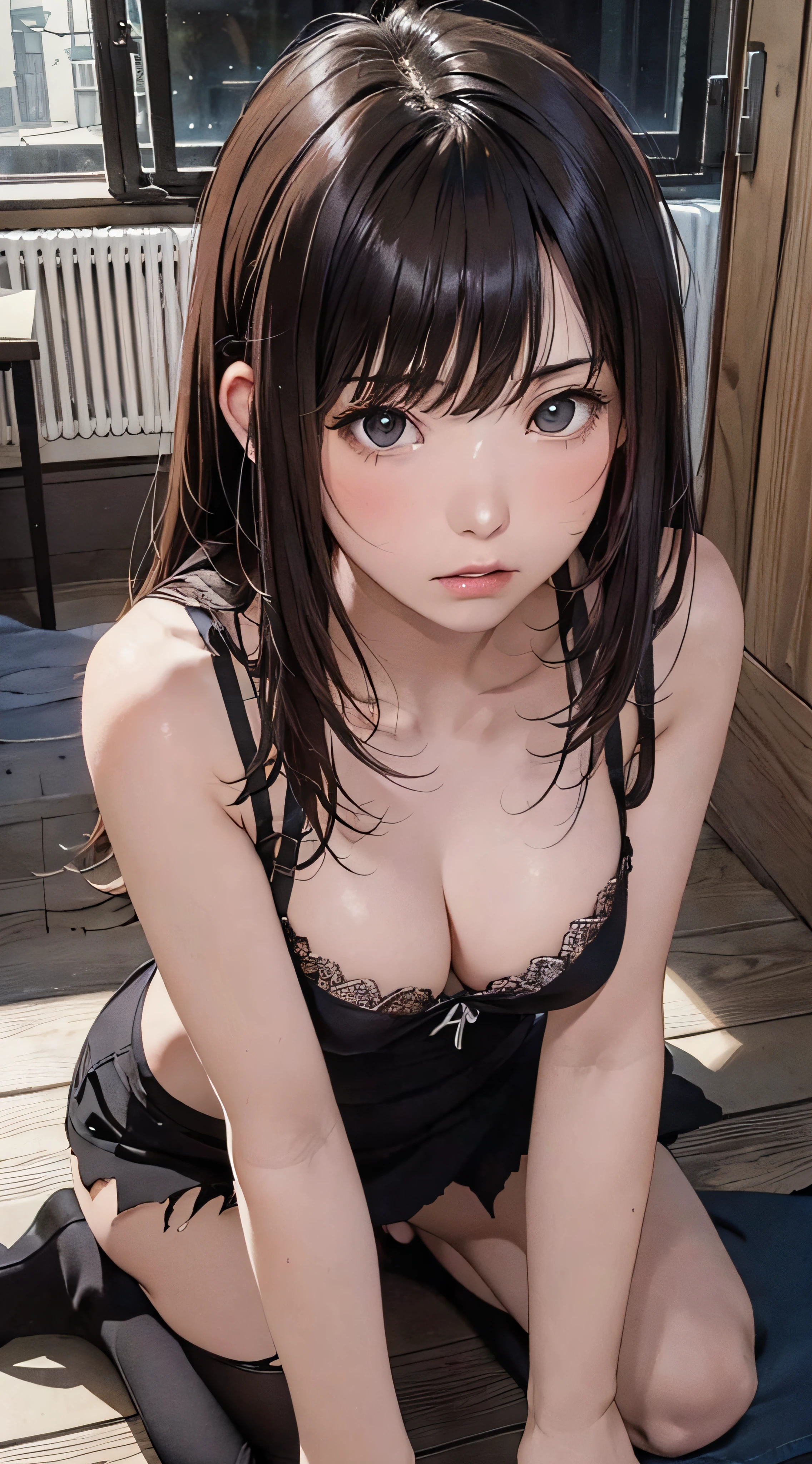 (1girl:1.3), cinematic light, (masterpiece, top quality, best quality, official art, beautiful and aesthetic:1.3), extreme detailed,highest detailed,(ultra-detailed),((an extremely delicate and beautiful)), ((Crouch down on dark night on the floor of the apartment)), from above, rainy, solo, breasts, silky long hair, (brown hair), Casual clothes, white Lace inner, open breast, 26 years old, unsteady gaze, torn clothes, anxious, embarrassed, (looking up:1.4)