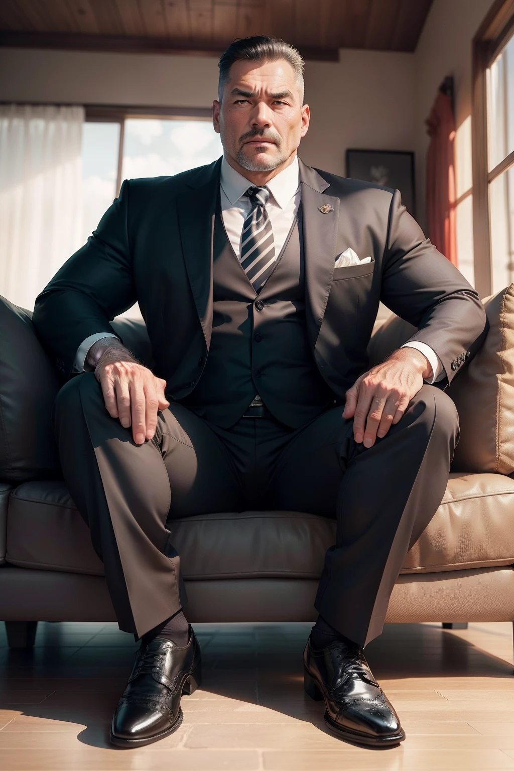 45-year-old middle-aged male coach，Man，grampa，Height 195，chineseidol，sitting in the couch，God perspective，The eyes are about to face each other，Chinese men，musculature，Lift one foot，Wearing a black and white striped suit，black greatcoat，Brown Oxford shoes，Cord，Chains，Ferocious and ferocious，The background is outdoors，Hold your hands on your knees