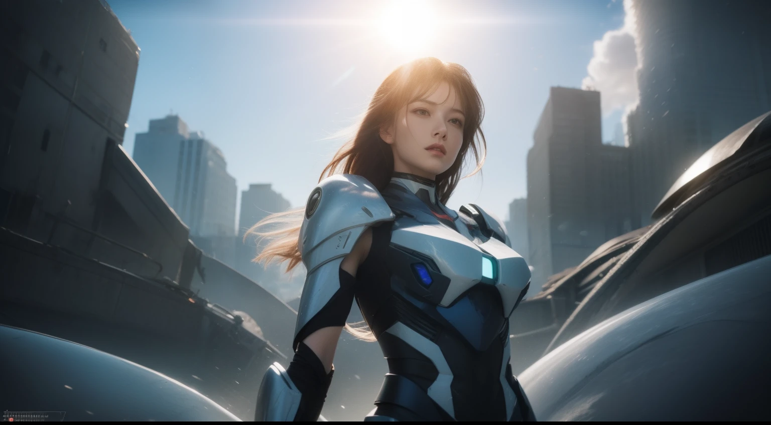 From the movie《New Century Evangelion》，White theme，Best quality,Masterpiece,Realistic,professional,Vivid colors,Ultra-fine painting,Portrait,anime big breast,Photogram,number art,Fantasyart,3d graphic,Cinematic_lighting,Strong_rim_Light,rim-light,Ambient_Light,Tyndall effect,moodylighting,Huge_filesize,Real,Female pervert,Mecha musume,Cyborg,Tights combat suit,power armour，Cut clothes，Japanese_Armor,one side up,shmup,remains,rubble_废墟,(Extremely detailed Cg Unity 8K wallpaper),(((Masterpiece))),(((Best quality))),((Ultra-detailed)),(Best Illustration),((An extremely delicate and beautiful)),Dynamic Angle,Wind,classic,Spring,(Detailed light),(Sunlight),Beautiful and delicate water,(Painting),(Sketch),(full bloom),(Shine),