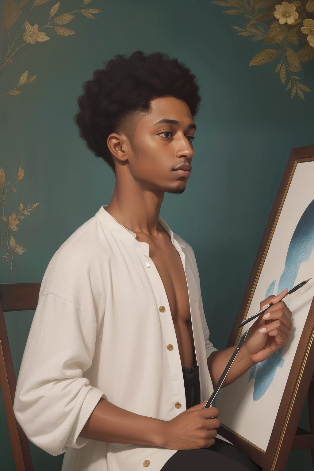 A portrait of a modern-day artist immersed in their creative process, dressed in contemporary attire and surrounded by digital brushes and virtual canvases, captured in the introspective and self-reflective style of Simeon Solomon.