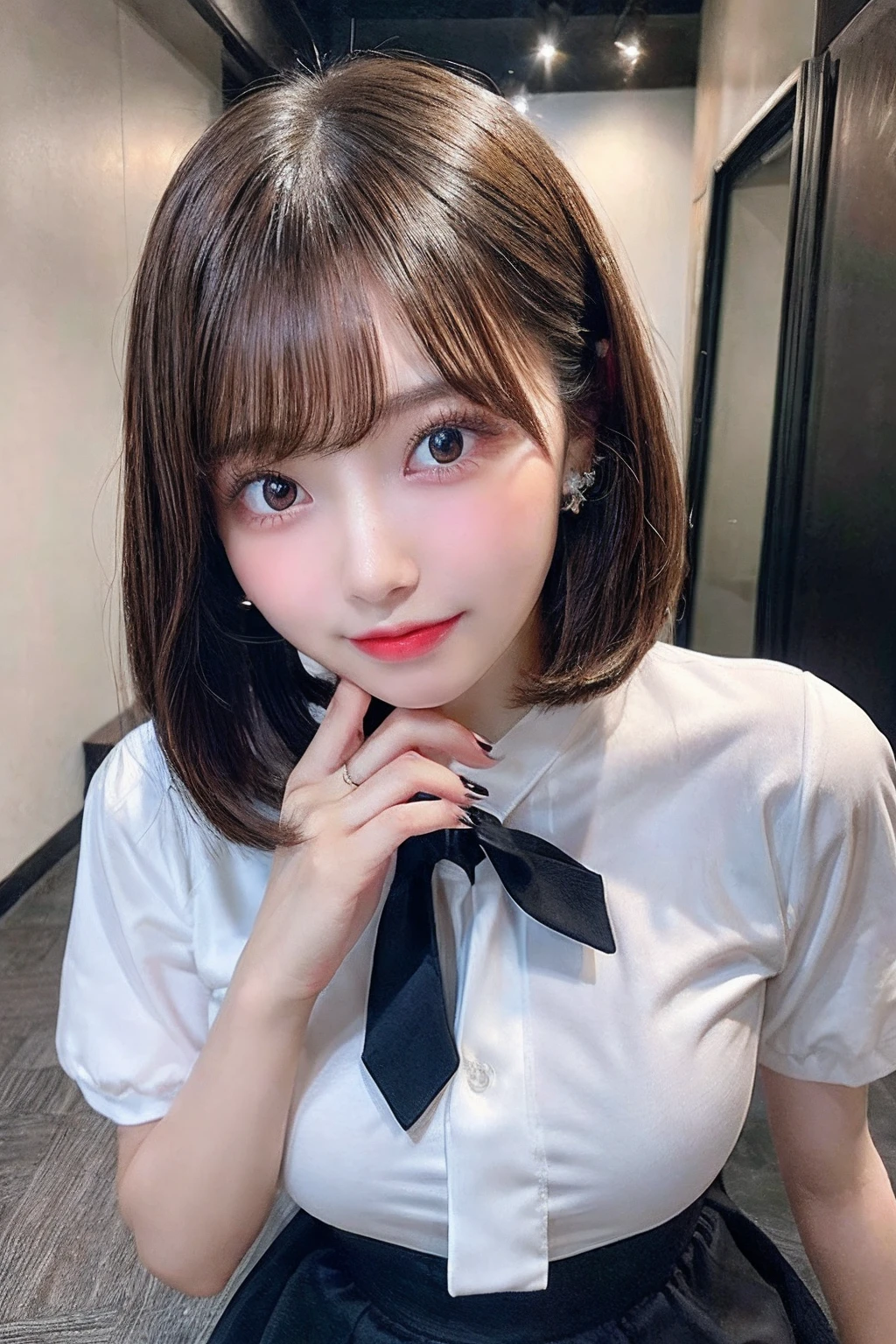 full body Esbian,bob cuts,Many piercings,bangss,top-quality,ultra-detailliert,masterpiece,realisitic,Photo Real,Bright lighting,1 girl in, (kawaii:1.2),Thin smile, (Brown eyes),(brown haired),(bangss),perfect glossy skin,flawless skin,large full breasts,((accurate hands without incongruity)), big breasts thin waist, Look at viewers,full body Esbian,校服,neck tie,Eye lashes,dual,17 years old girl,a baby face,Straight hair,A dark-haired,