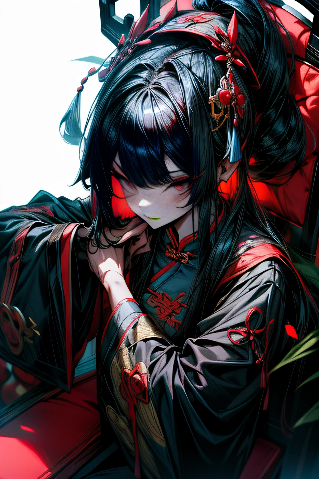 Chinese Gothic Punk、Jiangshi Style,Daughter of the Chinese emperor、Overwhelming intimidation、Put your hands in your sleeves,(Comic Noir Style),(linear art_Anime),(solid color_highcontrast),(masutepiece, Best Quality, ),(Laura Bad Picture:1.2),(Lora Add Details:1.2),8K, Flat color:1.2,1girl in,Queen of Jiangshi wearing a heavy cloak and sitting on a crimson throne,jiangshi,Beauty Eishi、Very long hair、Peking Opera style makeup,Luxurious costumes with beautiful embroidery_Dragon and phoenix embroidery:1.2,(lola:add more details:1.2)