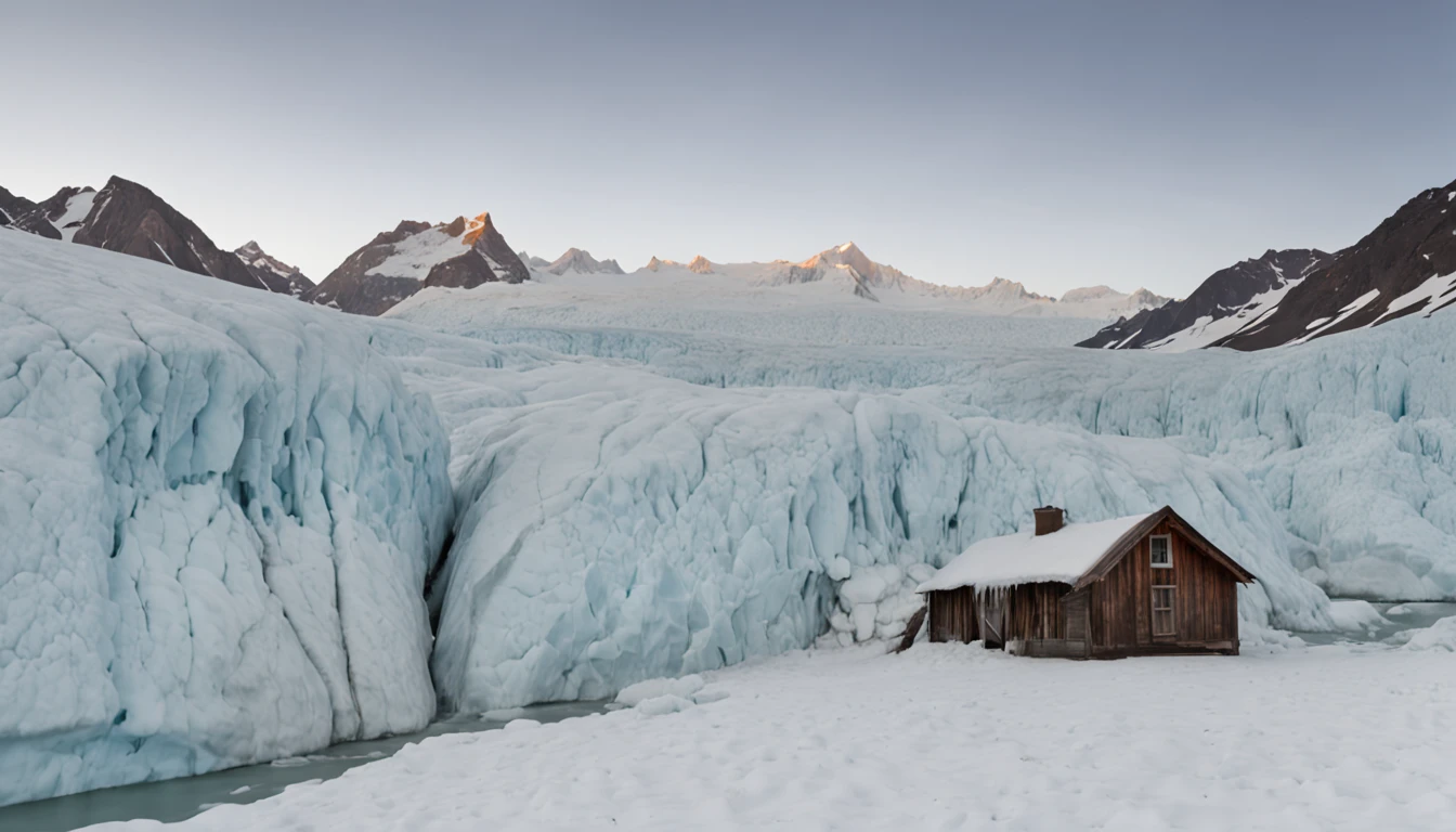 Glaciers in the distance,There are many houses nearby,Surrounded by snow-covered trees,Nearby is a river of broken glaciers,Icy water flows through the glacier,Formed a broken ice surface, surreal style, sunlight, wide view, intricate details
