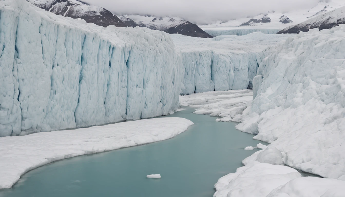 Glaciers in the distance，There are many houses nearby，Surrounded by snow-covered trees，Nearby is a river of broken glaciers，Icy water flows through the glacier，Formed a broken ice surface, surreal style, sunlight, wide view, intricate details