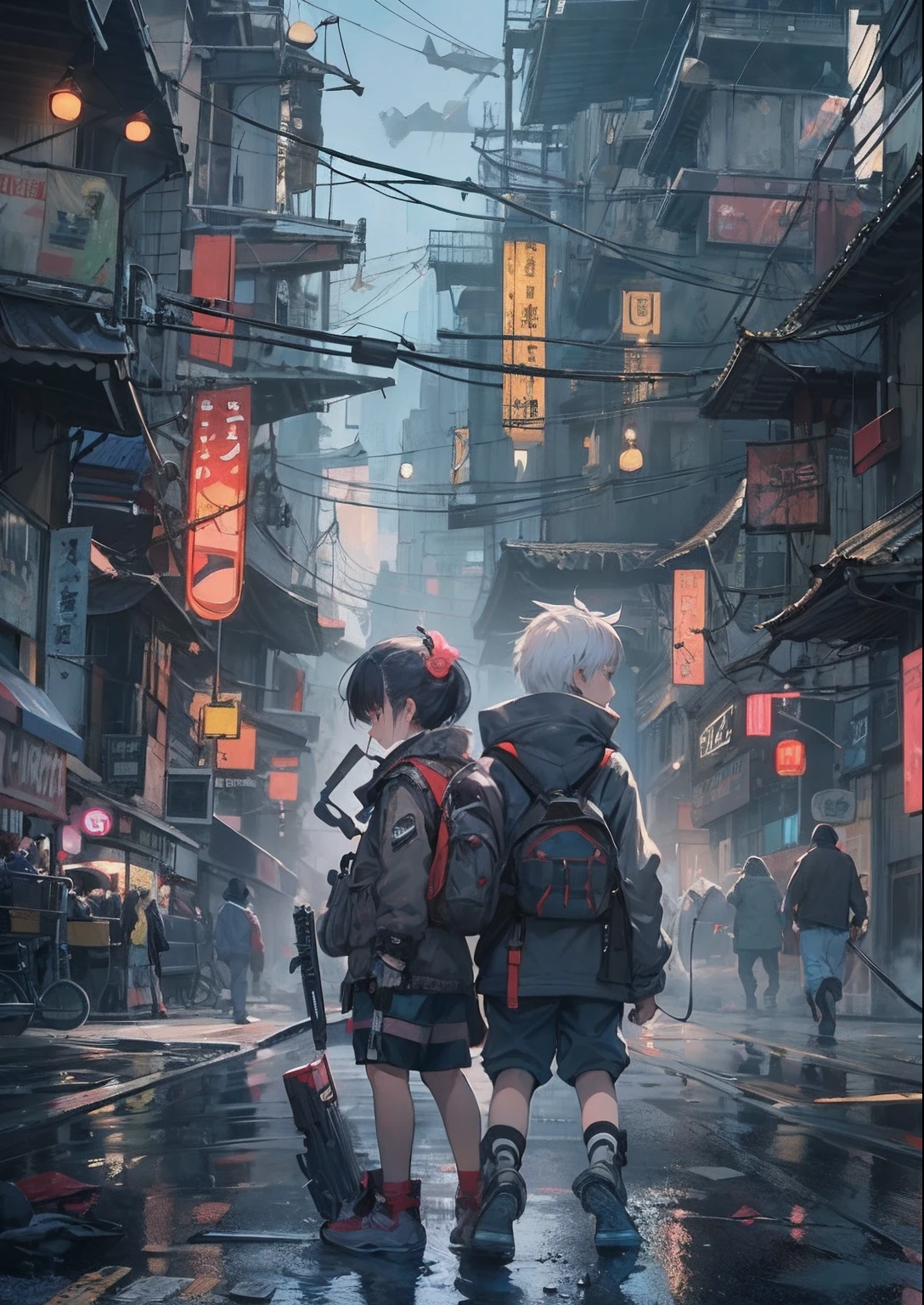 2boys,a boy、twins,Cyberpunk Boy、katanas,machine gun、silber hair、Spiky hairstyle、Whole body bloody、The beginning of the adventure、Lots of clouds,beautiful fog,Chaotic city of the future、ruined and devastated city、dystopian、A very complex group of Chinese buildings stands in the center、Highly complex Chinese buildings、Beautiful lights、Dim lighting、puddles、Chaotic landscape、Beautiful and fantastic scenery、Cinematic scenery、hightquality、masutepiece,8K、hight resolution、ultra-detailliert,