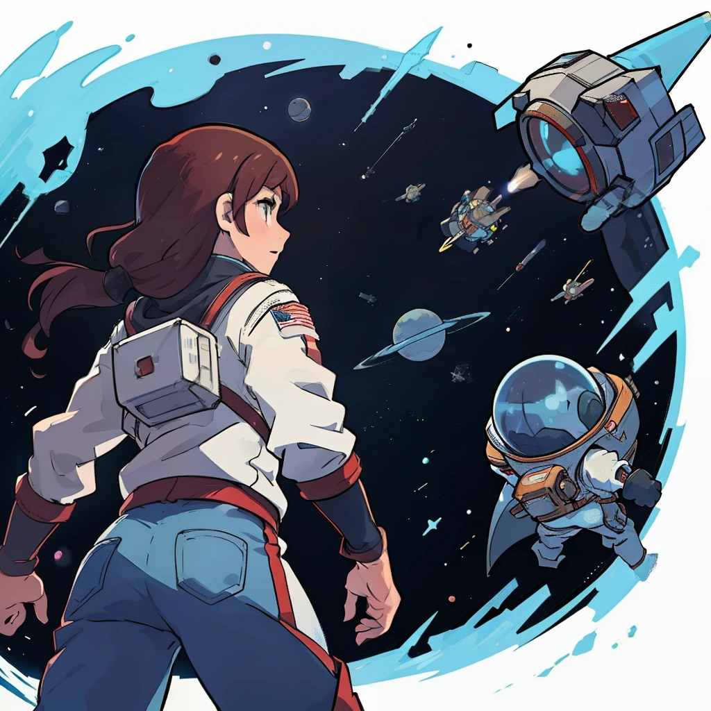 A set of character movement sprites for a video game, game asset 2D space adventure shooter, Explore space and fight against space pirates. whitebackground, frontal view, side-view, seen from behind, three-quarter view.