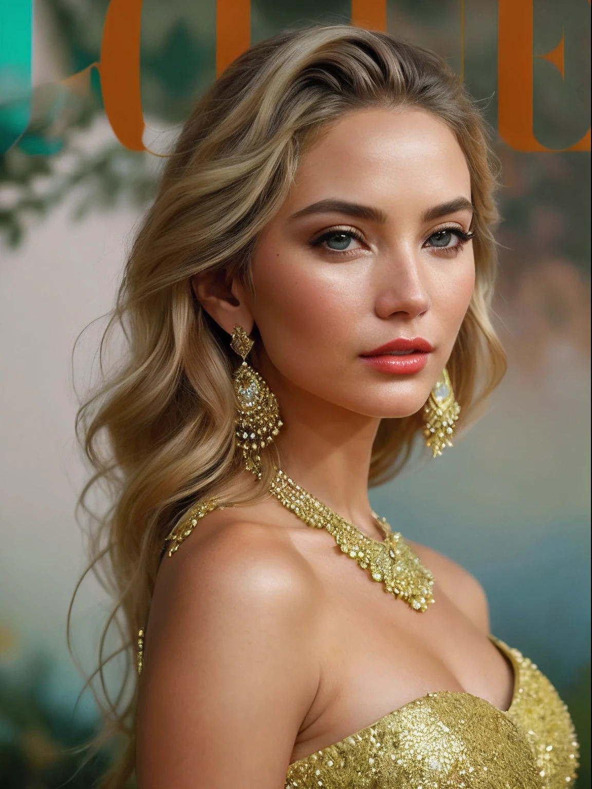 photo of a stunningly beautiful woman in the cover of a fashion magazine, long messy windy blonde hair, green eyes, (Vogue magazine cover:1.3), (cosmopolitan15:1.2), model shoot style, (extremely detailed CG unity 8k wallpaper), photo of the most beautiful artwork in the world, professional majestic oil painting by Ed Blinkey, Atey Ghailan, Studio Ghibli, by Jeremy Mann, Greg Manchess, Antonio Moro, trending on ArtStation, trending on CGSociety, Intricate, High Detail, Sharp focus, dramatic, photorealistic painting art by midjourney and greg rutkowski, (sexy shiny golden dress:1.1), (looking at viewer), (detailed pupils:1.3), (modern outfit:1.2), (closeup), red lips, (earrings), (fashion magazine logo), (magazine text), (magazine title:1.1)