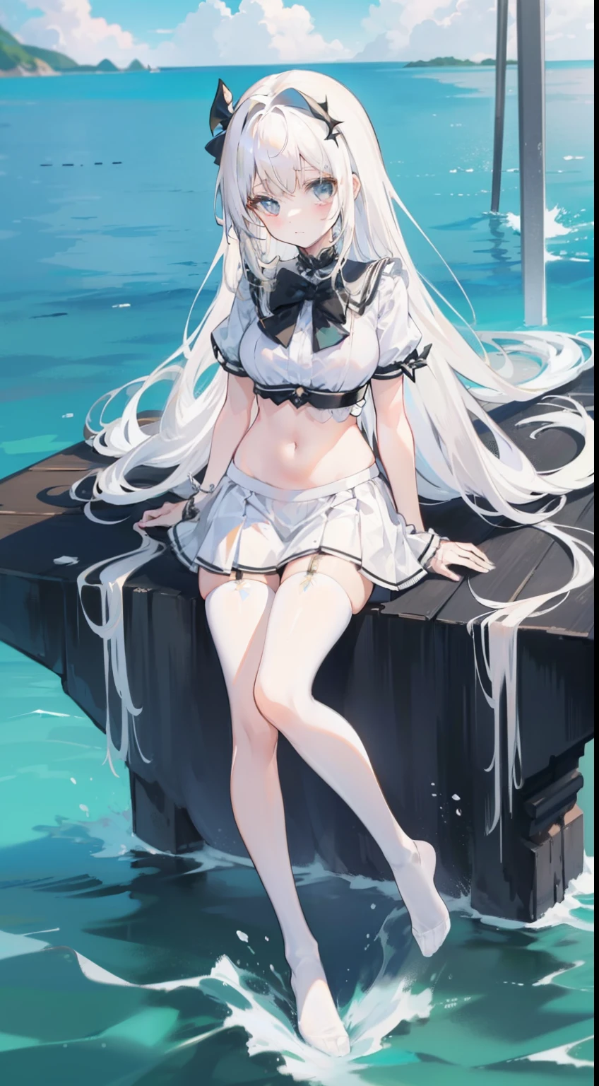Masterpiece((tmasterpiece)),(White color blouse),((black micro skirt)),(Black transparent stockings),adolable,is shy,(Long yellow)Hair,red bowtie,long leges,(Have by the sea),(Facing the sea),Open navel,No shoes on