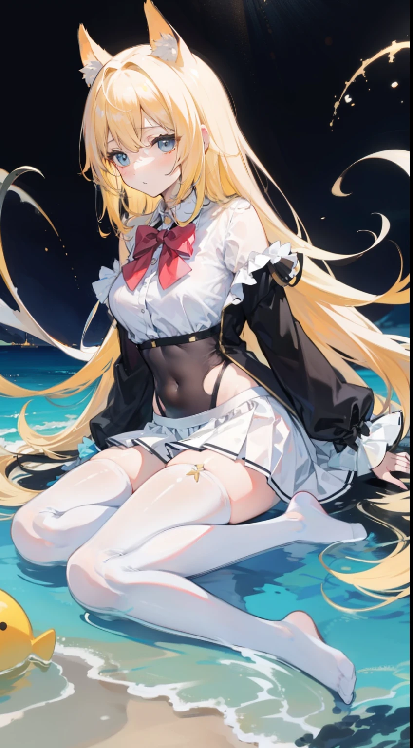 Masterpiece（（tmasterpiece）），（White color blouse），（（black micro skirt）），（Black transparent stockings），adolable，is shy，（Long yellow）Hair，red bowtie，long leges，（Have by the sea），（Facing the sea），Open navel，No shoes on