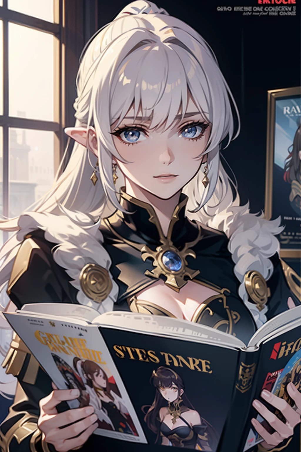 (masuter piece,Best Quality,Ultra-detailed), (A detailed face), Movie Posters, hight resolution,,(1girl in),(Dark Fantasy), (Medieval fantasy), Shangri-La, Extreme detailing, trending on artstationh, foco nítido, Beautiful fece, (delicate and beautiful girl), dynamic ungle, Hard lighting, Long flowing white hair, Gold Eye, Ponytail hairstyle , Fire emblem,(magazine:1.3), (cover-style:1.3)